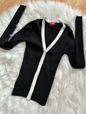 STAUD Cargo Black Ribbed V-Neck Cardigan with White Trim Size Small